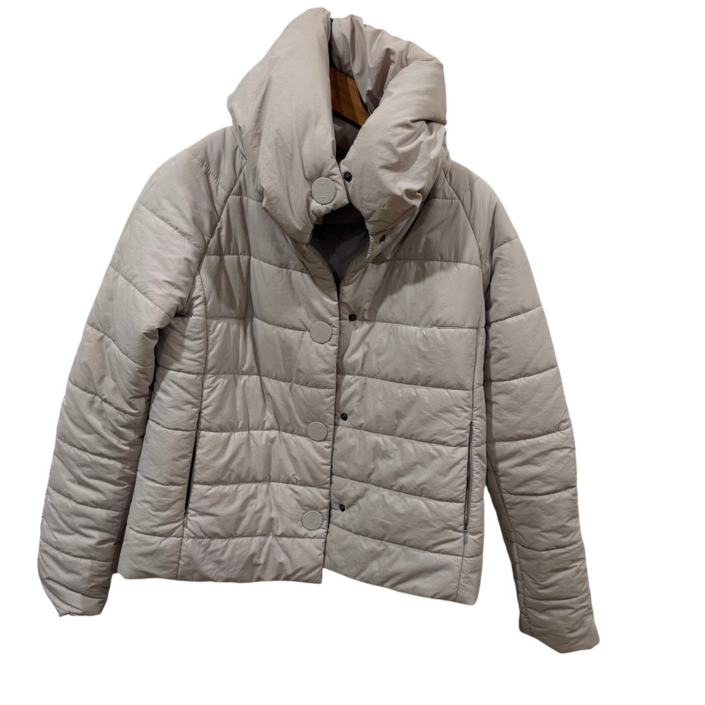 Montanaco Womens Puffer Jacket Small Taupe Grey Funnel Neck Quilted Snap‎ Front